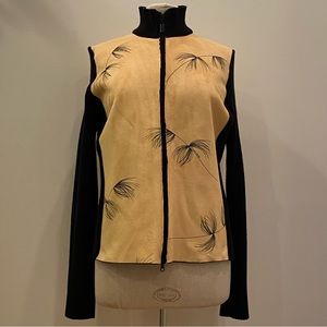 Robert Kitchen Womens Yellow Suede Black Knit Full Zipper Sweater.Jacket /Size L